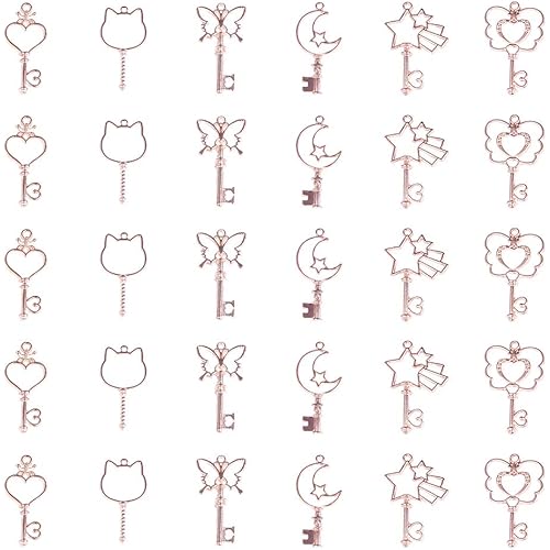OLYCRAFT 30pcs Key Theme Open Bezel Charms 6-Style Alloy Frame Pendants Color-Lasting Hollow Resin Frames with Loop for Resin Jewelry Making - Rose Gold