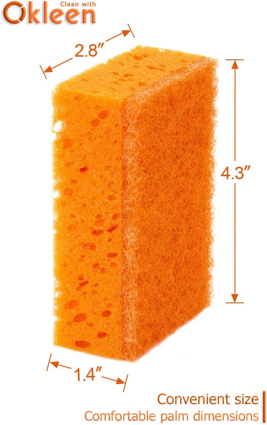 Esponja exfoliante multiuso naranja. Fabricado en Europa. Paquete de 18, 4.3 x 2.8 x 1.4 pulgadas. Fibra resistente e inodora. Estropajo duradero y delicado para horno y estufa, baño y sótano