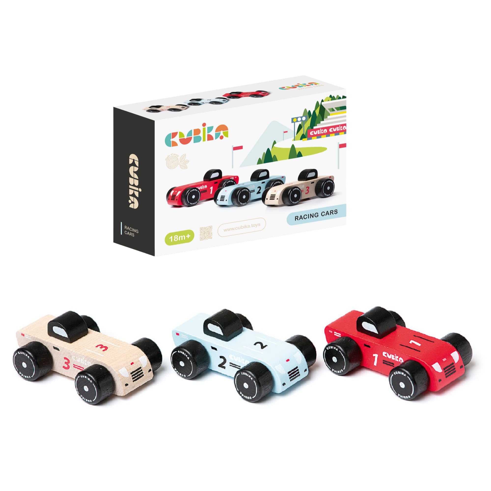 CUBIKA Wooden Racing Cars Set – Montessori Toy for Toddlers Ages 18 Months+ – 3-Pack Wooden Race Cars for Toddlers – FSC-Certified Wood, German Water-Based Paints