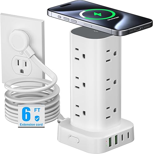 Miniatura 1 de Regleta de alimentación en torre con cargador inalámbrico de 15 W, cable de extensión de enchufe plano de 6 pies con múltiples tomas, 12 salidas de