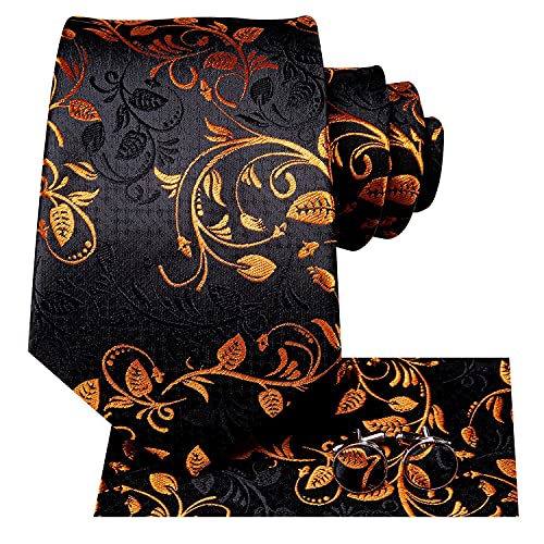 Image of Hi-Tie Paisley Floral Ties Set for Men Silk Mens Stripes Necktie Pocket Square Cufflinks Set Formal Business