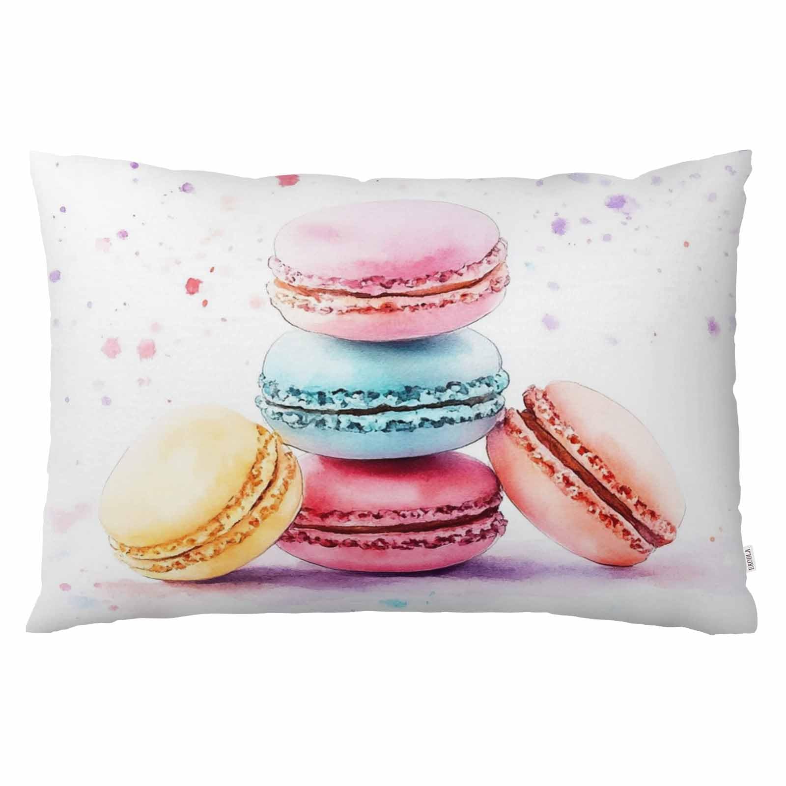 EKOBLA Throw Pillow Cover Macaron Watercolor Pastel French Sweets Dessert Cookies Colorful Brushstroke Painting Decor Lumbar Pillow Case Cushion for