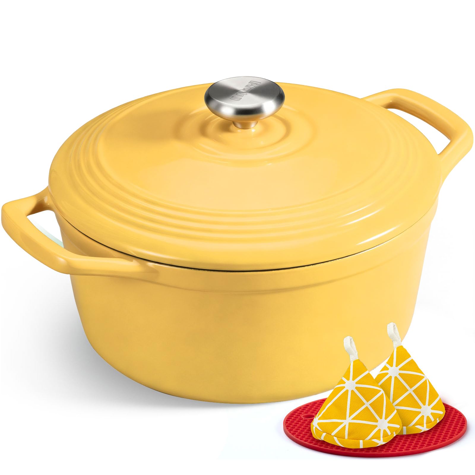 Overmont Enameled Cast Iron Dutch Oven - 5.5QT Pot with Lid Cookbook &amp; Cotton Potholders - Heavy-Duty Cookware for Braising, Stews, Roasting, Bread Baking