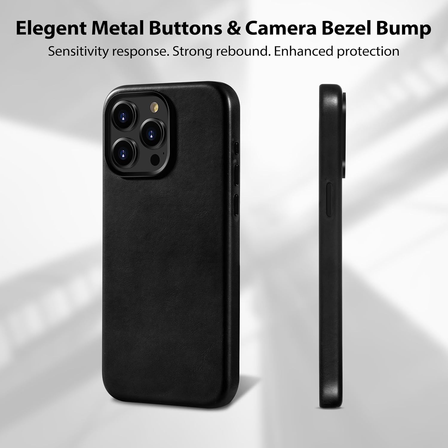 Belemay for iPhone 15 Pro Leather Case Compatible with MagSafe, Full-Grain Vegetable-Tanned Leather, Metal Buttons & Camera Bezel - Slim Fit&Sleek - Luxury Phone Cover (6.1-inch)-Black - Image 3