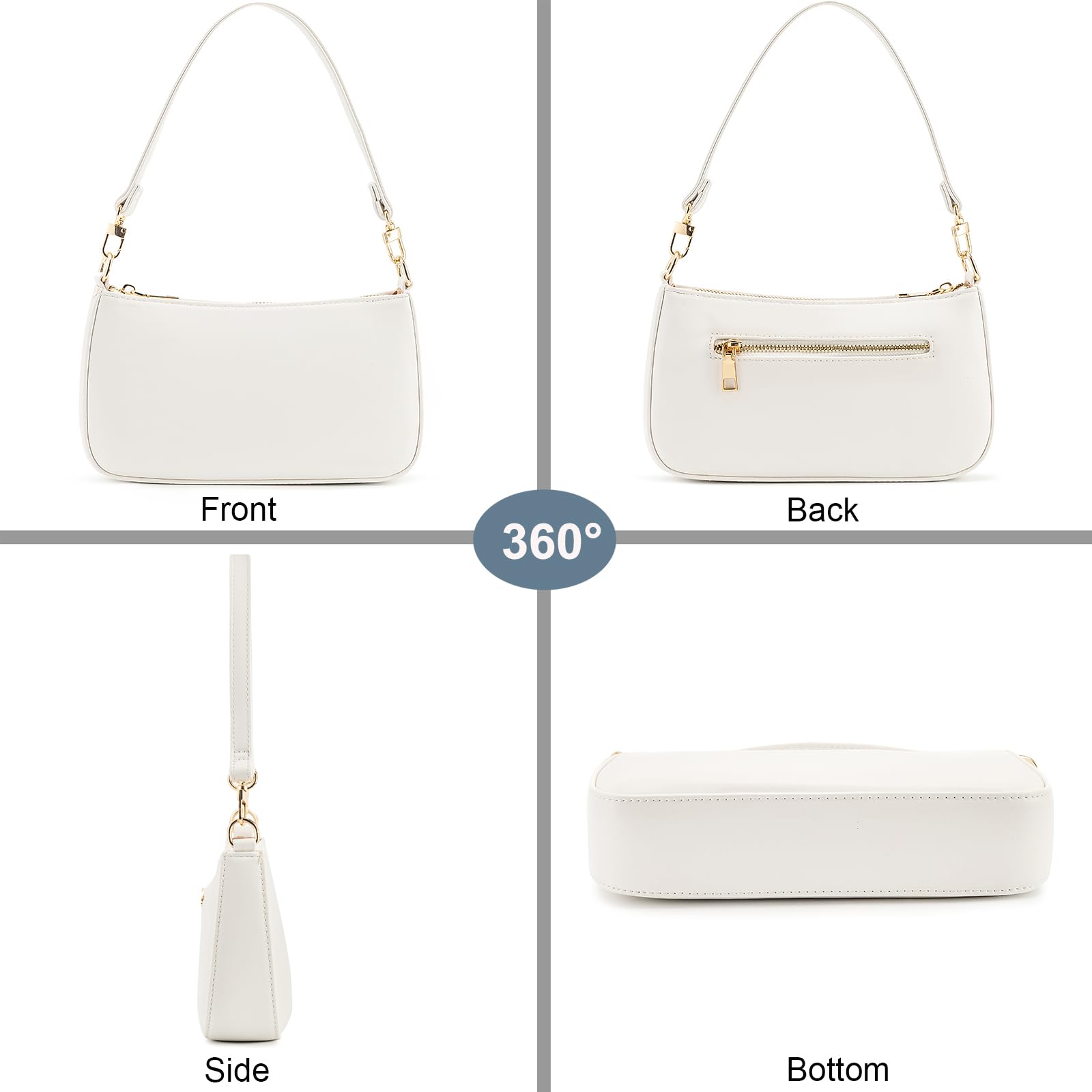 NIUEIMEE ZHOU Shoulder Bag for Women Retro Vegan Leather Classic Clutch Tote HandBags Purses with Zipper Closure: White