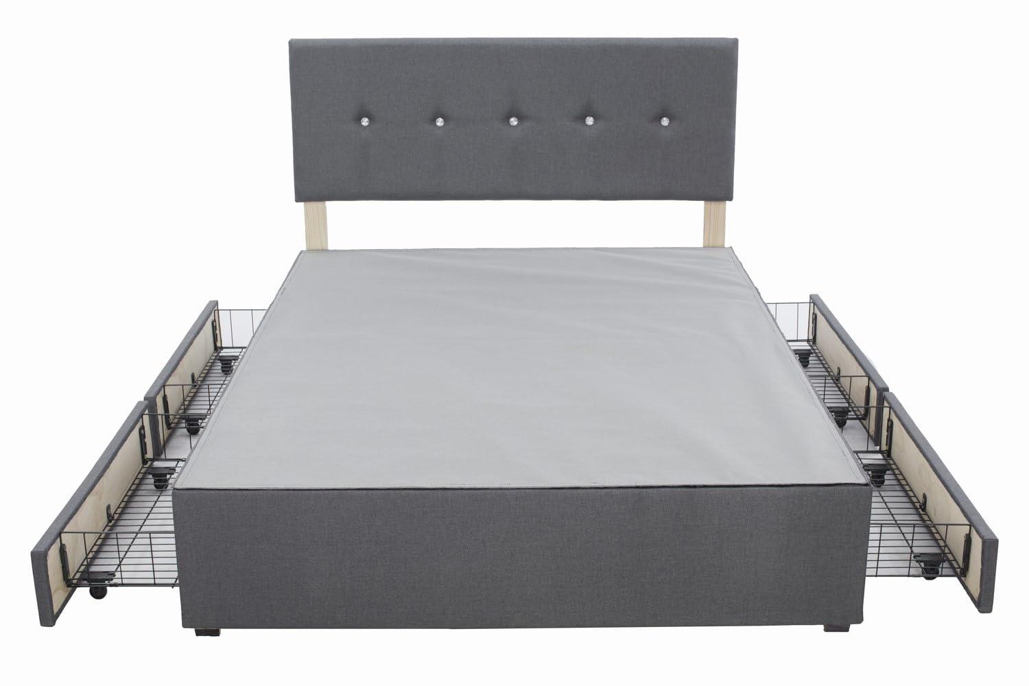 Panana Grey Divan Double Bed Linen Fabric Divan Bed Frame With/without Headboard Storage Drawers (with Crystals Headboard, 4 Drawers, 5FT King)