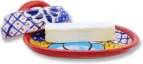 Miniatura 2 de Cuenco para Mantequilla de Cerámica Talavera con Tapa Pintada a Mano, Auténtica Cerámica Mexicana de Cocina, Diseño Floral (Rojo)