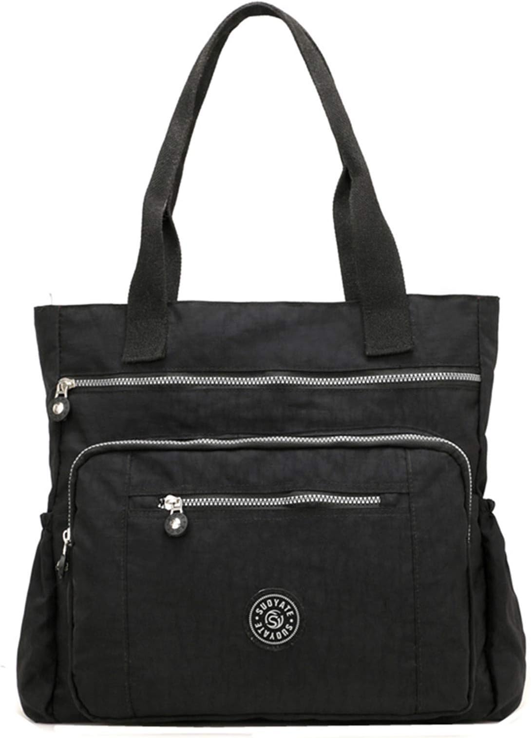 Women's Casual Multi-Pocket Handbags Waterproof Nylon Top-Handle Bag Shoulder Bag Travel Purse Large Capacity (Black)(Size: L)