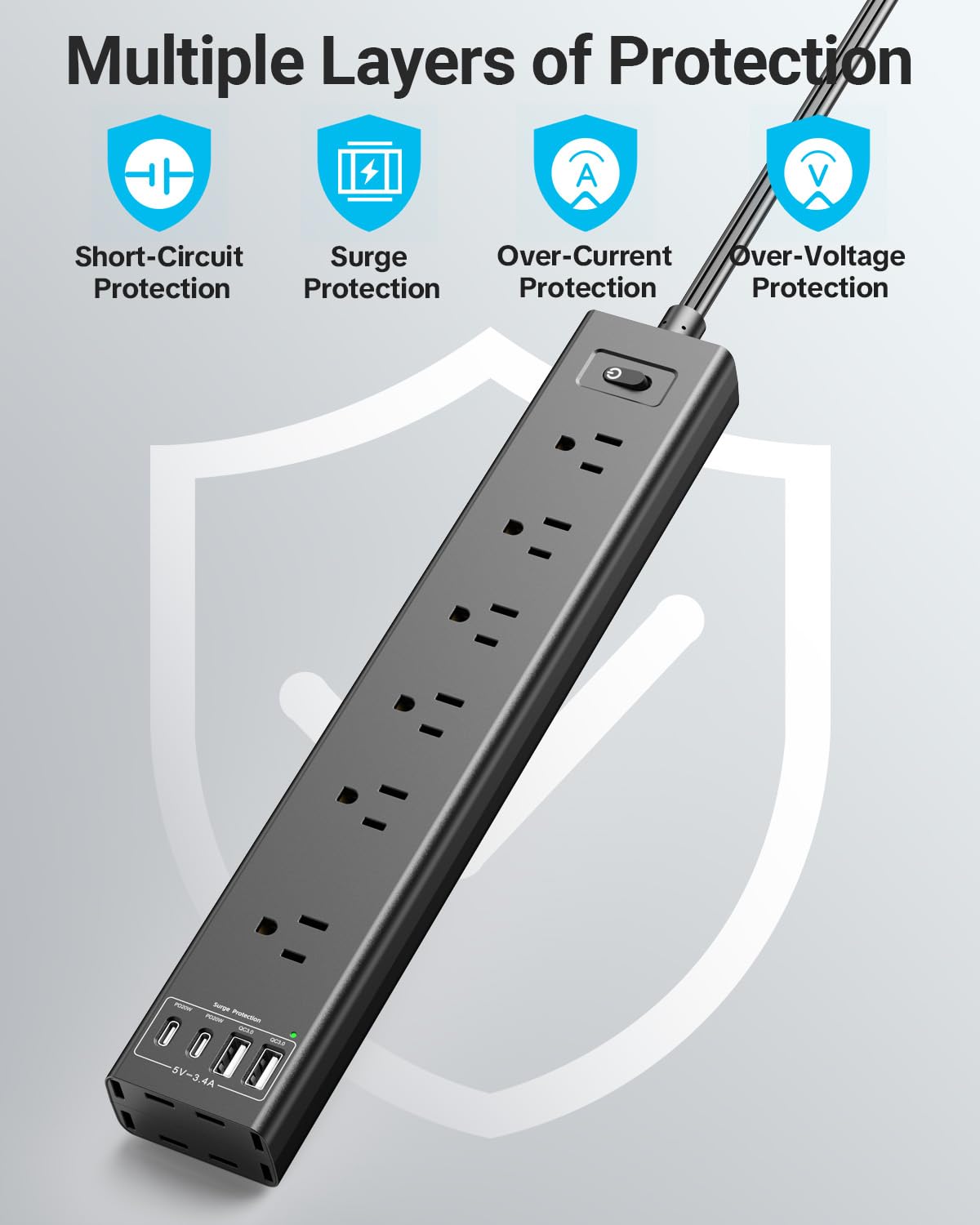 Tira de alimentación plana para debajo del computadora, cable de extensión de 6 pies, protector de sobretensiones para montaje en pared, 6 salidas de CA + 2 puertos USB A y 2 puertos de