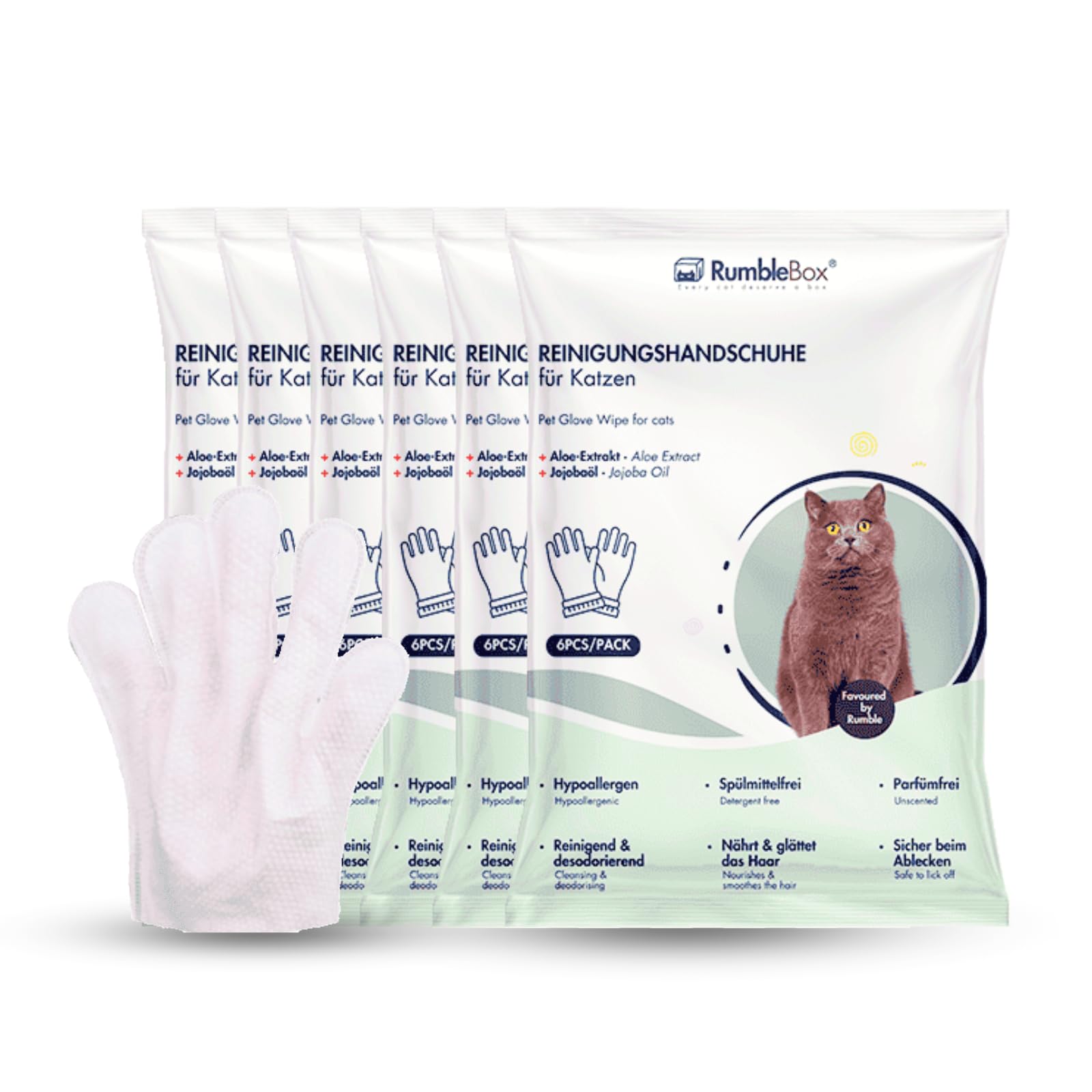 RumbleBox Feuchttücher für Katzen & Hunde, Handschuh-Feuchttücher für Haustiere, Sanfte Fellpflege, Reinigung & Massage, Optimal für Outdoor-Katzen, präzise Reinigung mit Handschuhform