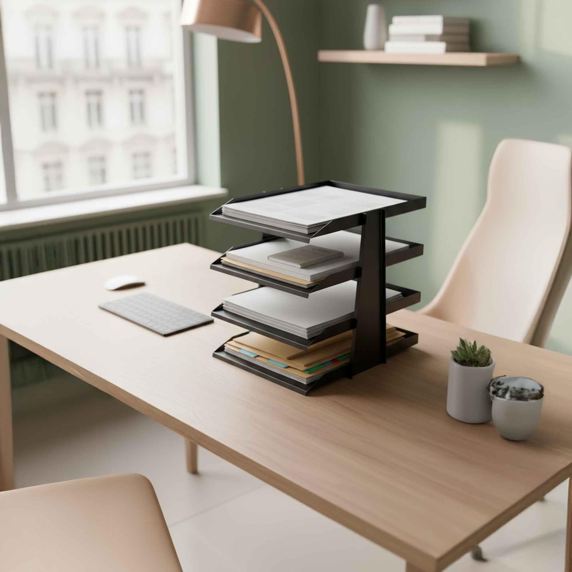 SteelLine 4 Katlı Metal Dosya Rafı - Masa Üstü Ultra Sağlam Ofis Organizer (29.5x30.5x25cm) (Siyah)