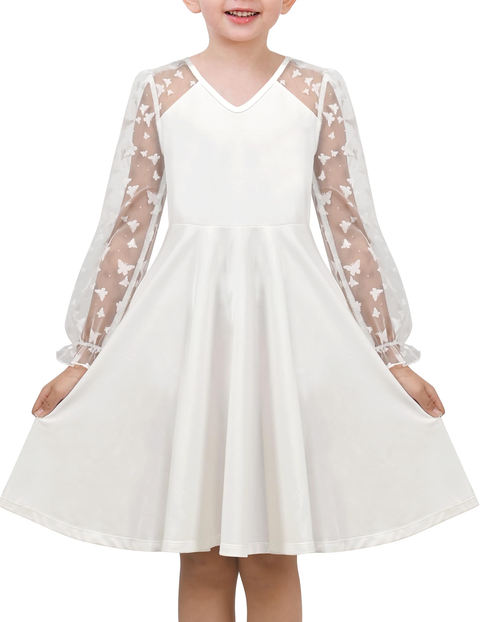Sunny Fashion Robe Fille Noire Dentelle Florale Maille Transparente Manches Longues Dos V Échancré
