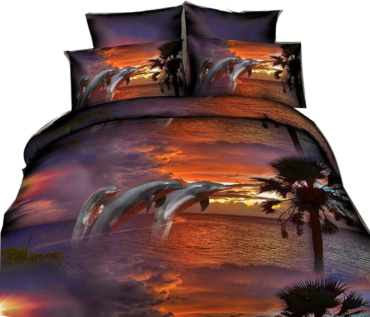 3D Dusk Dolphin Bedding Set 4Piece Printed Bedclothes Comforter Shell Duvet Cover Queen Size