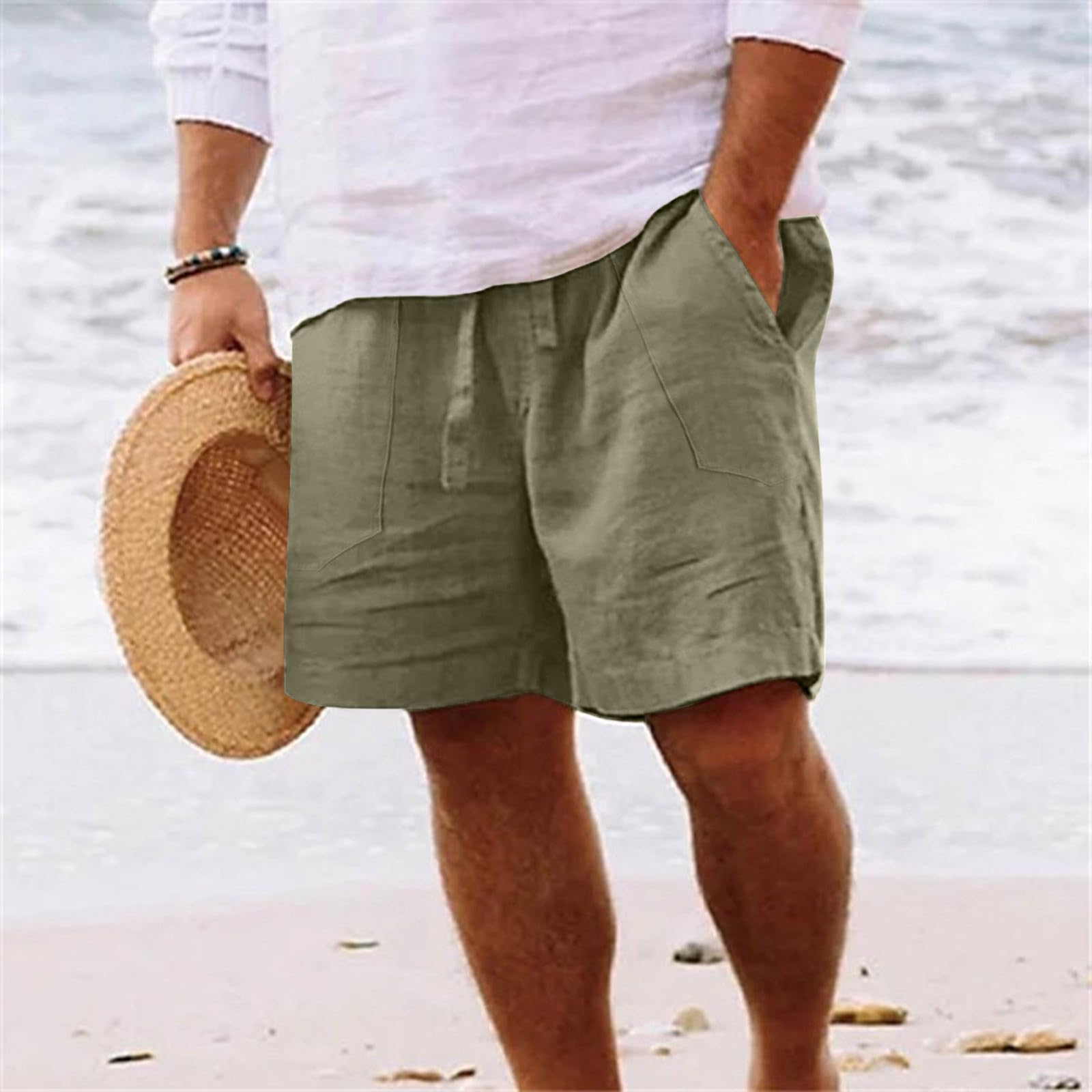 Mens Linen Casual Classic Fit Summer Beachshorts Swimsuits Athletic Shorts Holiday Party Bathing Suits Swim Trunks Army Green