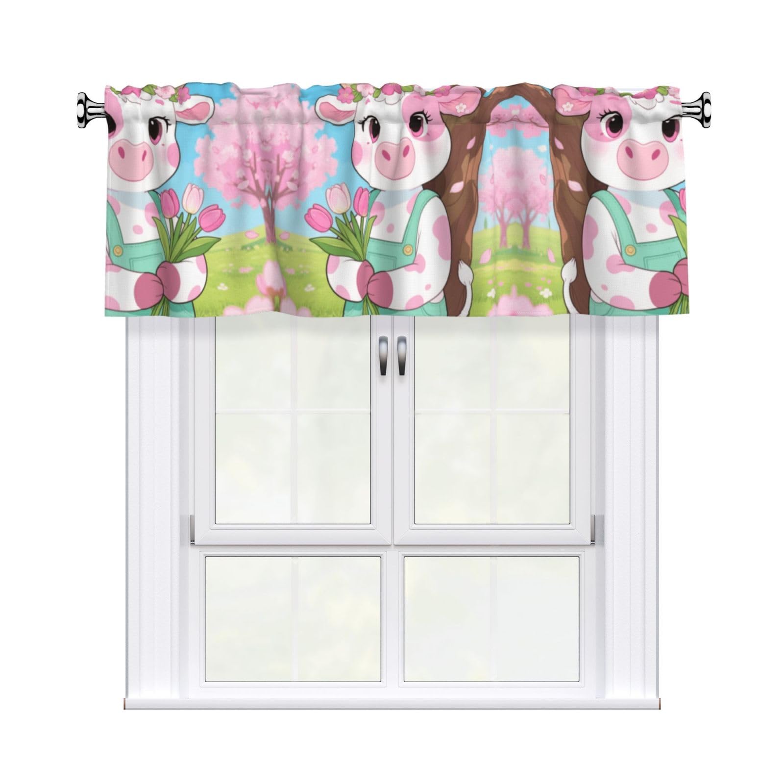 LMNGH Cute Flower Cow Curtain Valance for Windows,Kitchen Window Curtains Blackout Drapes Window Treatments Decorative Rod Pocket Short Curtain for Living Room Bedroom,54" W x 18" L