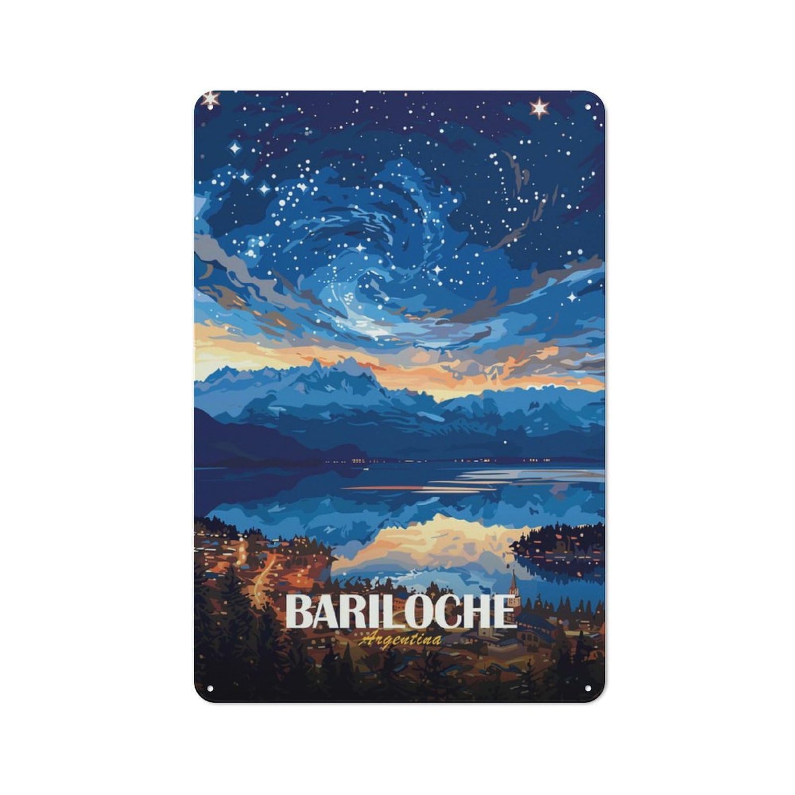 Junmoney Style-19 Decorative Tin Plaque With Bariloche Argentina Nightscape Travel Design 30X20cm, Nostalgic Home Bar Decor For Bar, Kitchen, Garage Or Games Room
