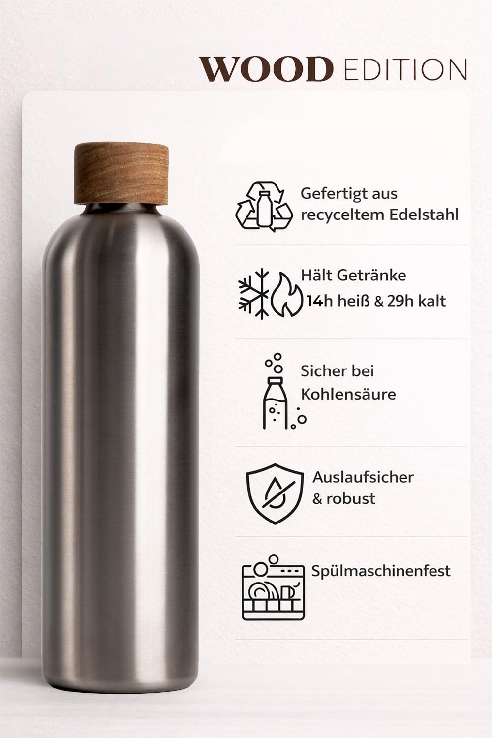 T&N Edelstahl Trinkflasche 1 Liter, Thermosflasche 1l mit Akazienholz Deckel, Isolierte Wasserflasche auslaufsicher bei Kohlensäure, Isolierflasche 1000ml - Silber