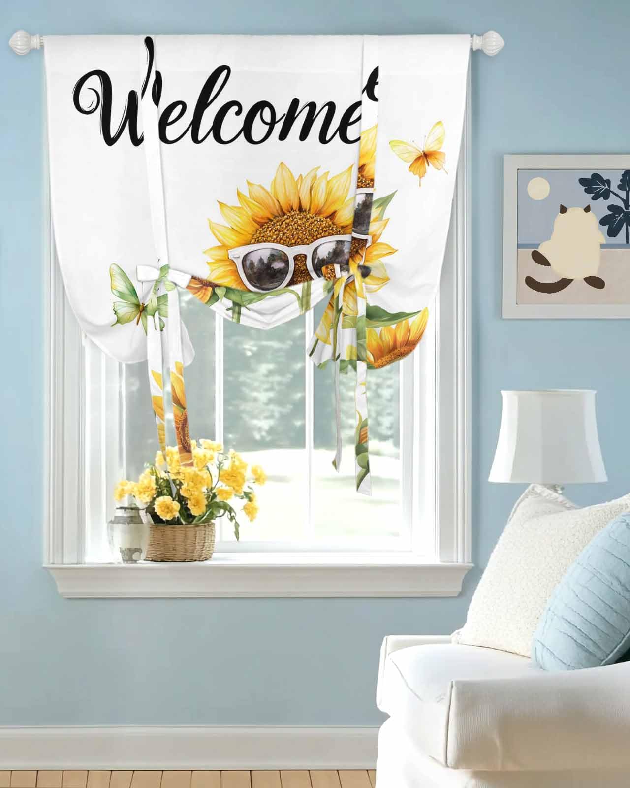 Tie Up Curtains for Windows Farm Sunflower Butterfly Rod Pocket Tie-Up Window Shade Adjustable Balloon Curtain Valance Country Sunglasses Floral for Bedroom Kitchen Bathroom Blinds,42x45in