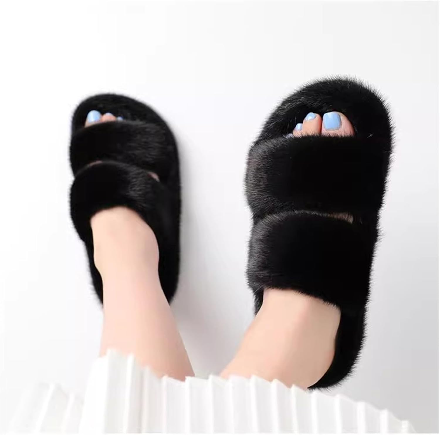 NU-08 Real MinkFur Flat Furry Slippers For Women Luxurious Realfur Open Toe Summer Beach Slides