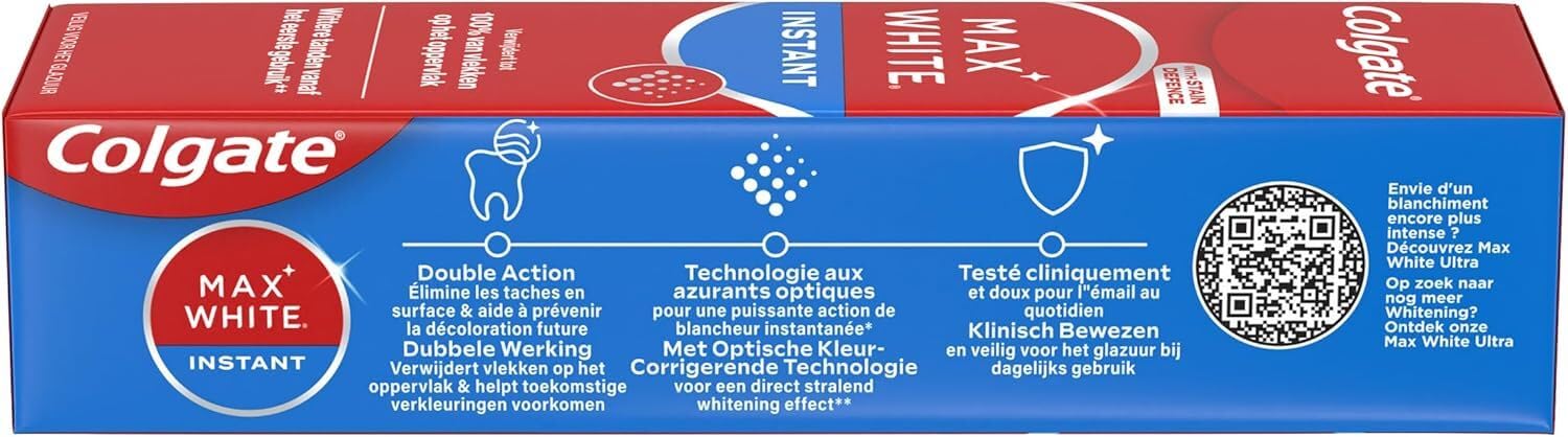 Colgate® MaxWhite Instant – Dentifrice 12x75ml | Dentifrice Blancheur - Effet instantané - Technologie Azurants Optiques - Doux pour l'émail
