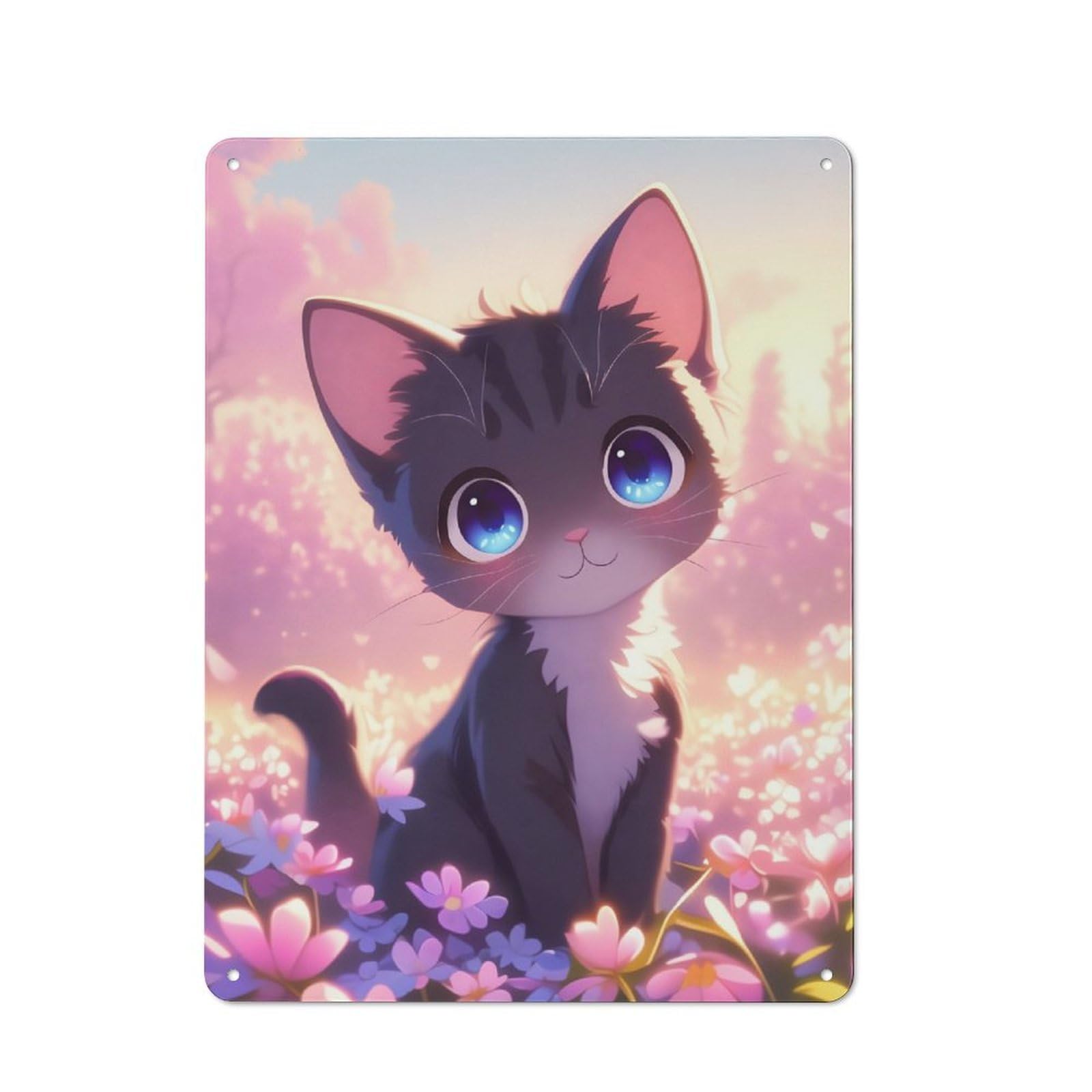 Junmoney Cute Anime Kitten In Meadow Loft Style Metal Wall Sign 40X30cm Featuring Studio Wall Art For Loft, Studio, Office Or Creative Room