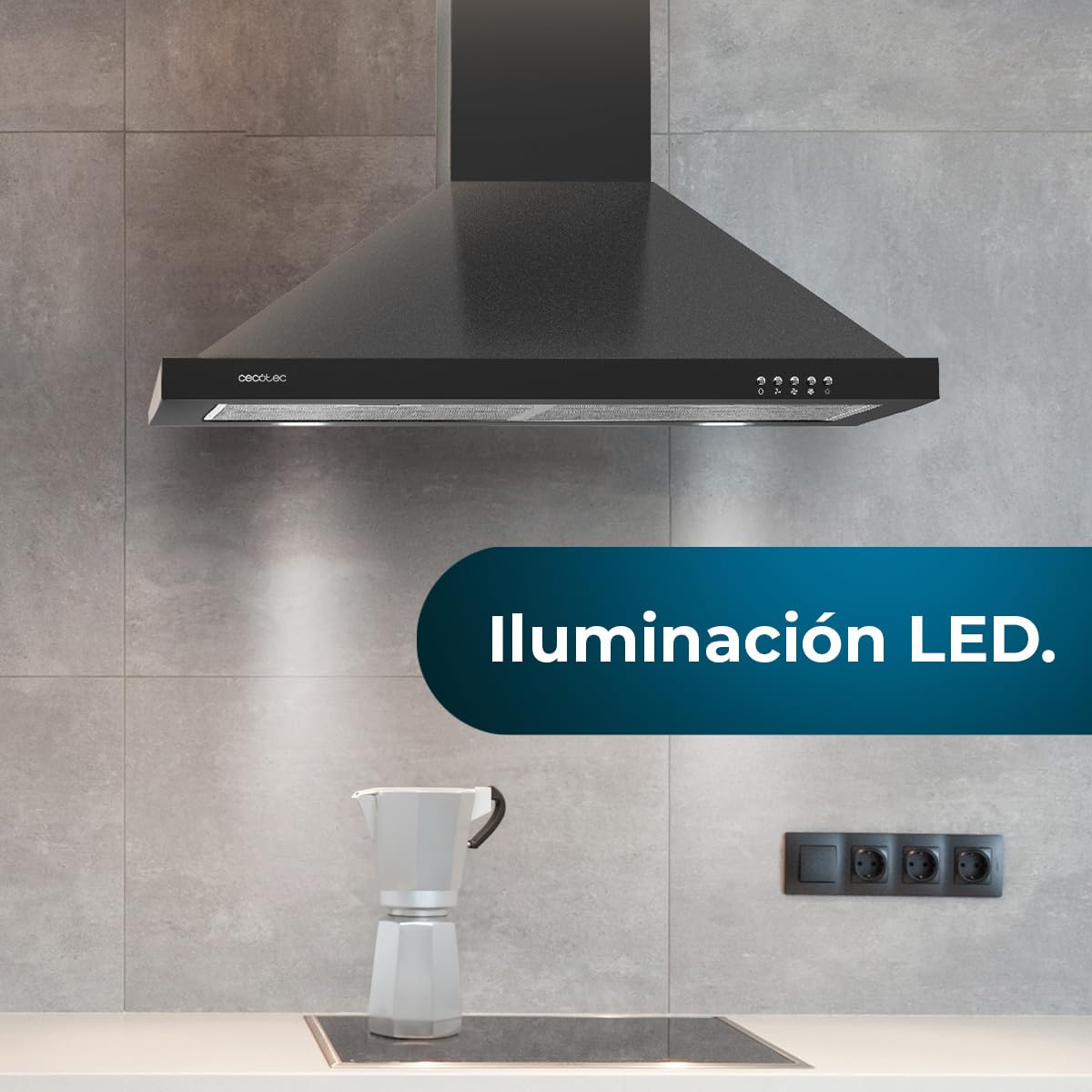 Cecotec Hotte Aspirante Pyramidale de 60 cm Bolero Flux PM 604300 Noir C. Moteur 105 W, Aspiration 430 m3/h, Commande Mécanique, 3 Niveaux de Puissance, Lumière, Filtre en Aluminium, Finition Noire