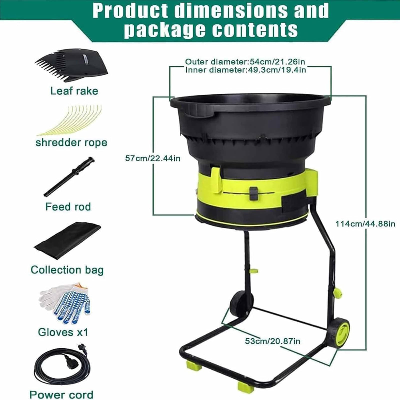 Trituradora Hojas Eléctrica 2500 W con Ruedas 8000 RPM, Trituradora Compost para Jardín, Trituradora De Hojas, Tolva De 54 Cm De Ancho para Agujas De Pino Y Paja Nopowercord