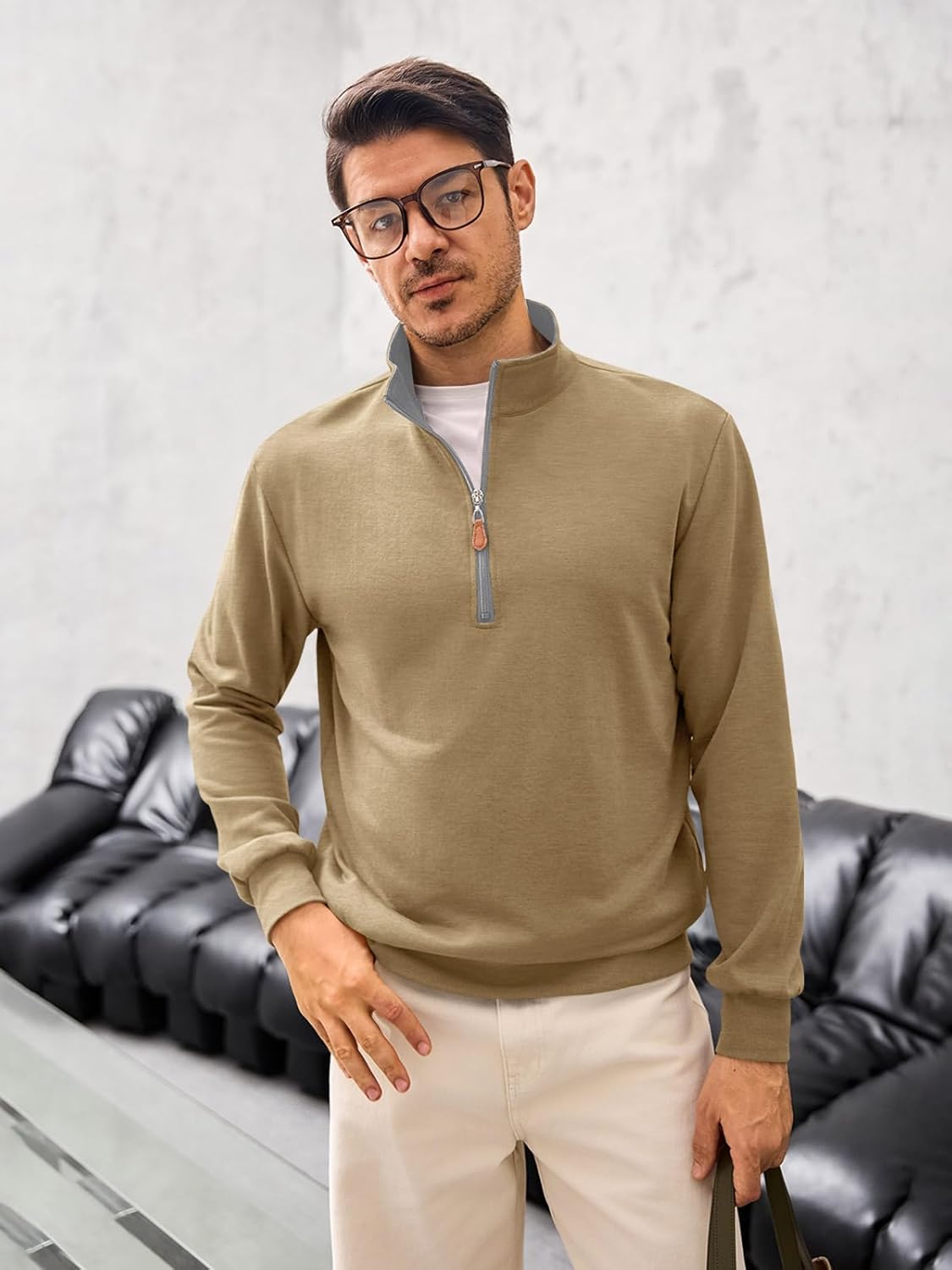 Yousify Mens Quarter Zip Pullover Mock Neck Long Sleeve Sweatshirts Casual Cotton Lightweight Golf Shirts - Image 3