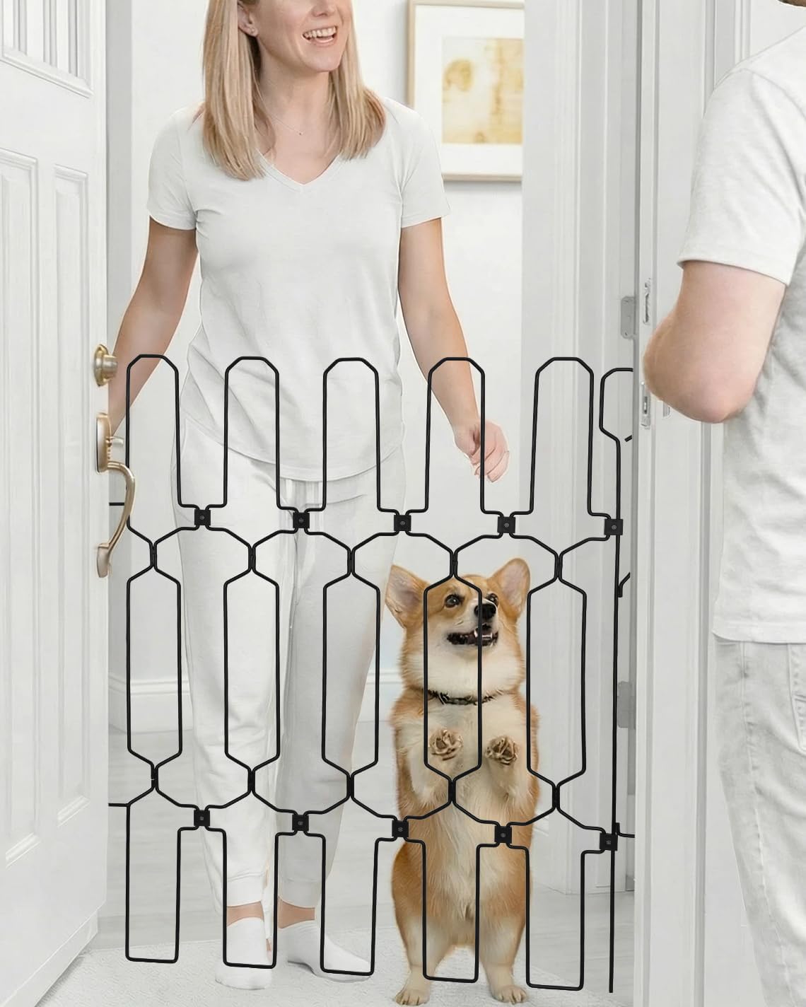 Retractable Dog Gate for Front Door 26" Wide 30.7" Tall Automatic Retractable Dog Barrier to Keep Pets Secure When Door Opens/Closes, Hardware Mount Front Door Barrier for Small/Large Dogs, Indoor