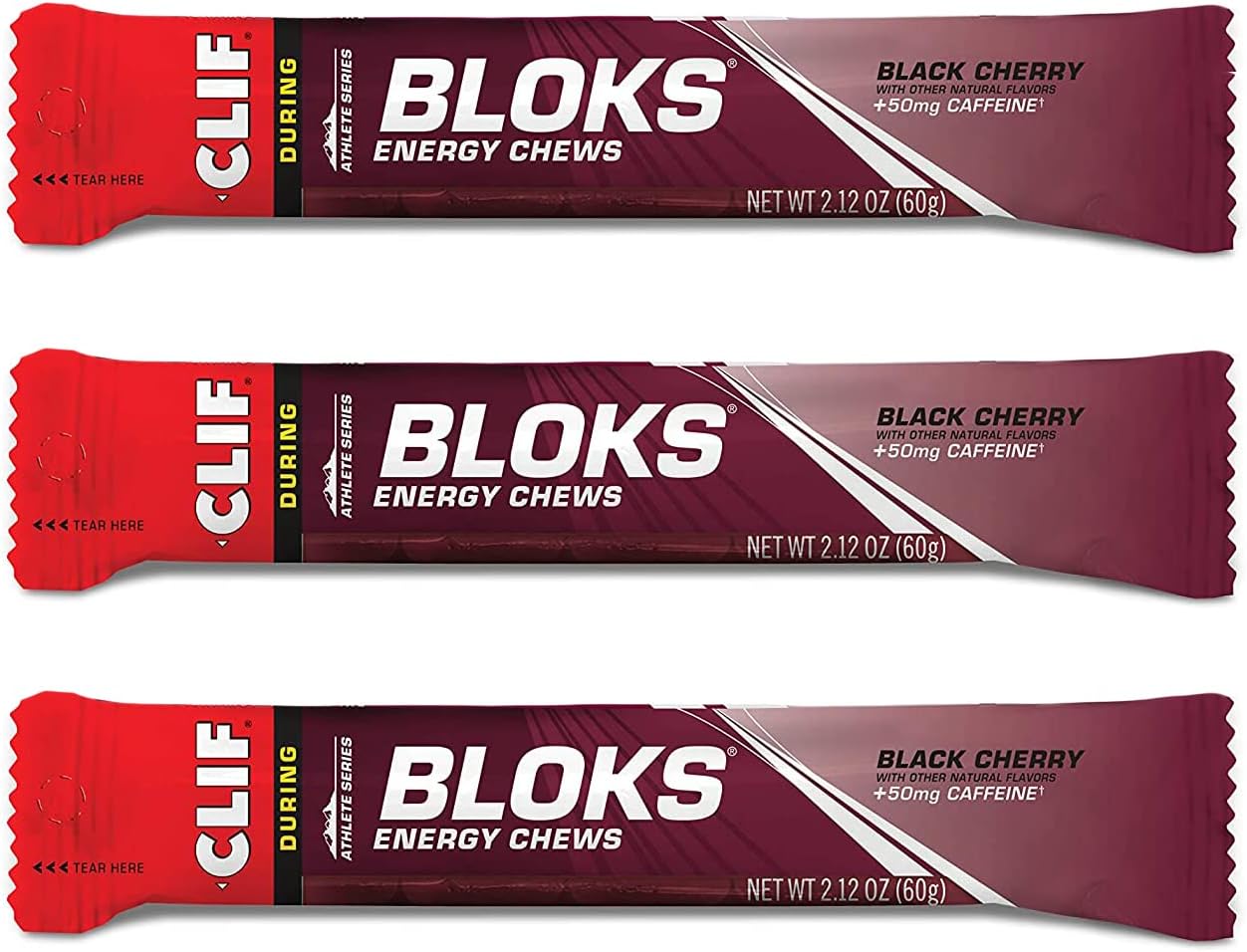CLIF BLOKS Energy Chews - Black Cherry with 50mg Caffeine - Non-GMO - Plant Based Food - Fast Fuel for Cycling and Running-Workout Snack (2.1 Ounce Packet, 3 Count)