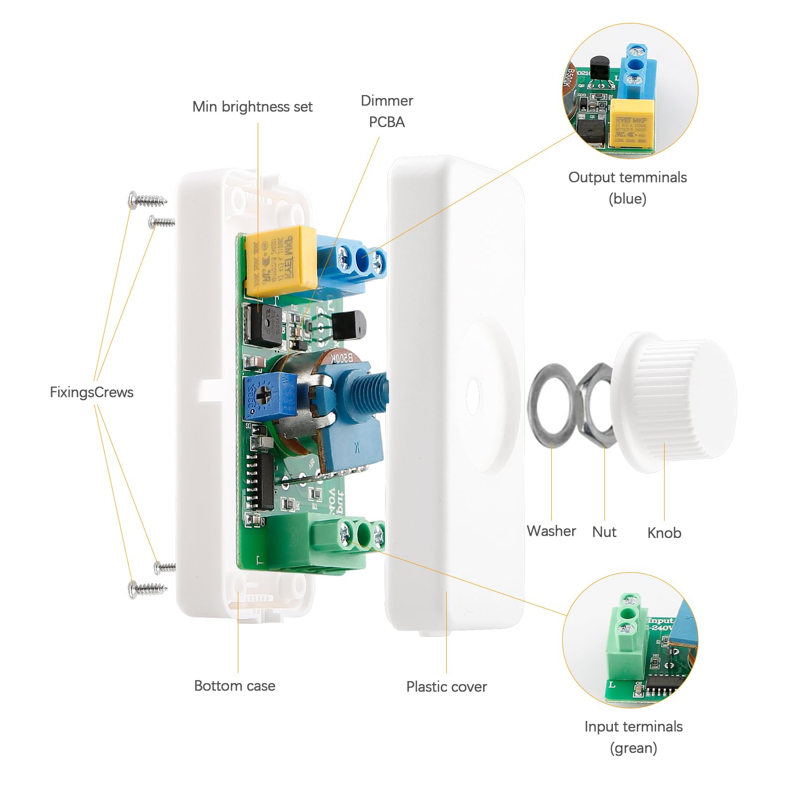 LED Dimmer Switch 1 Gang: Inline Dimmer Switch with Rotary Control Trailing Edge Dimmer Switches Rated 3-100W for Home and RV Use For Dimmable LED Lamps and Halogen Bulbs(White Square) - Image 2
