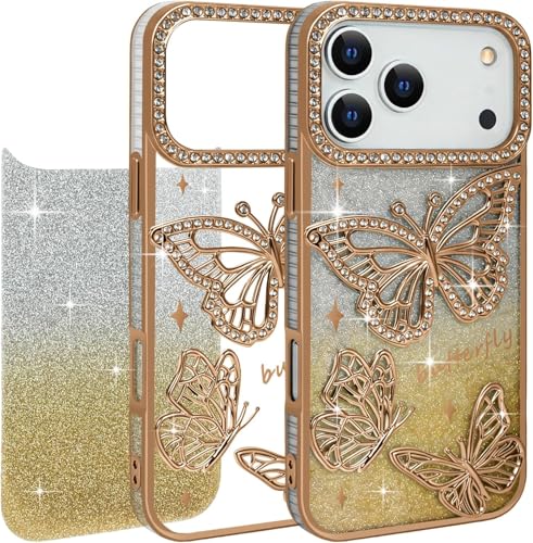 Image of Elzzi Electroplated Butterfly Case for iPhone 17 Pro Max, Pearlescent Diamond Soft TPU Shockproof Camera Protection, Cute Stylish Phone Cover for Girls & Women (Gold)