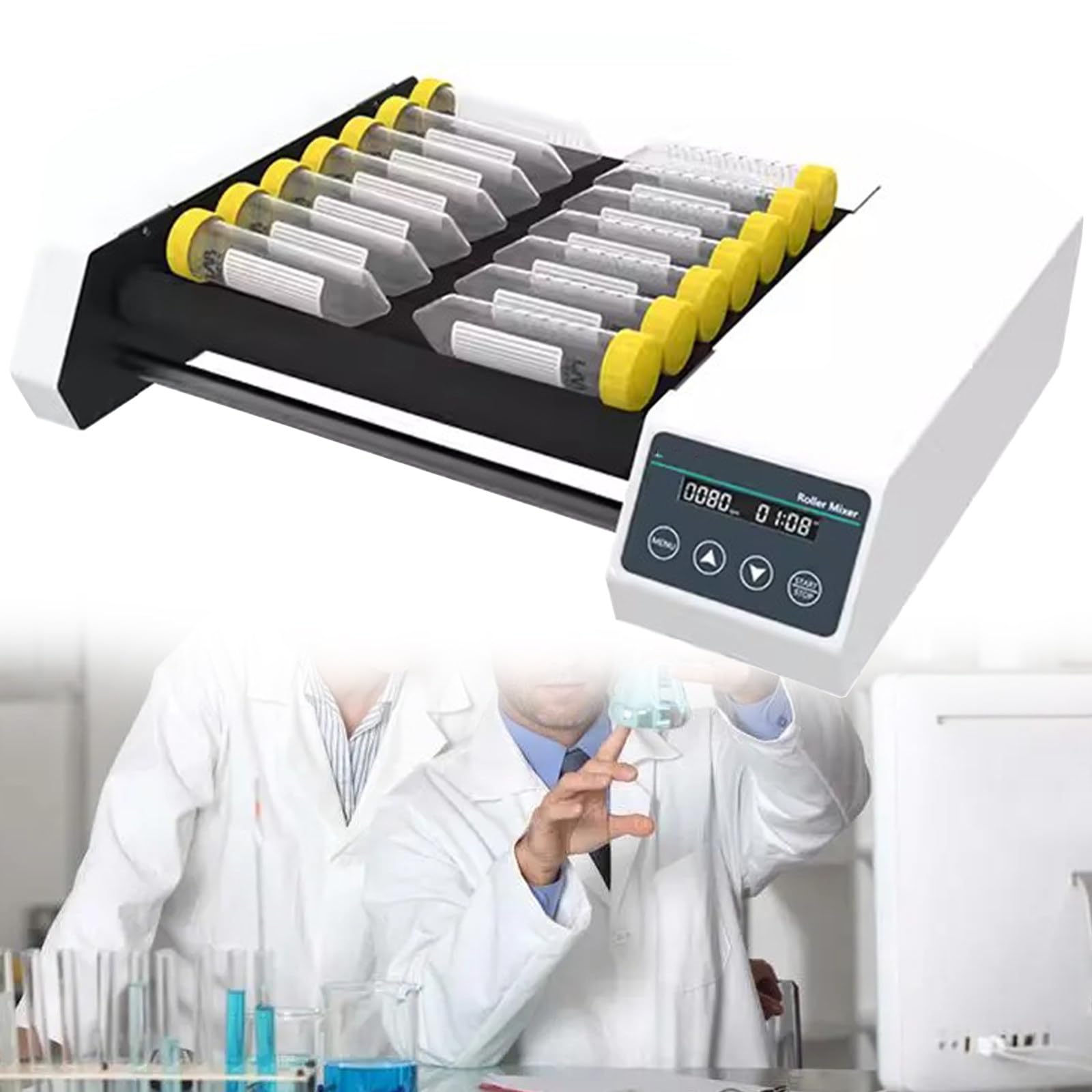 Laboratoryjny Mieszalnik Rolkowy, Regulowana Prędkość Obrotowa 20-80 RPM, ma Tryb Kołysania i Toczenia, do Mieszania Próbek w Probówkach Wirówkowych i Kolbach,RM-8H