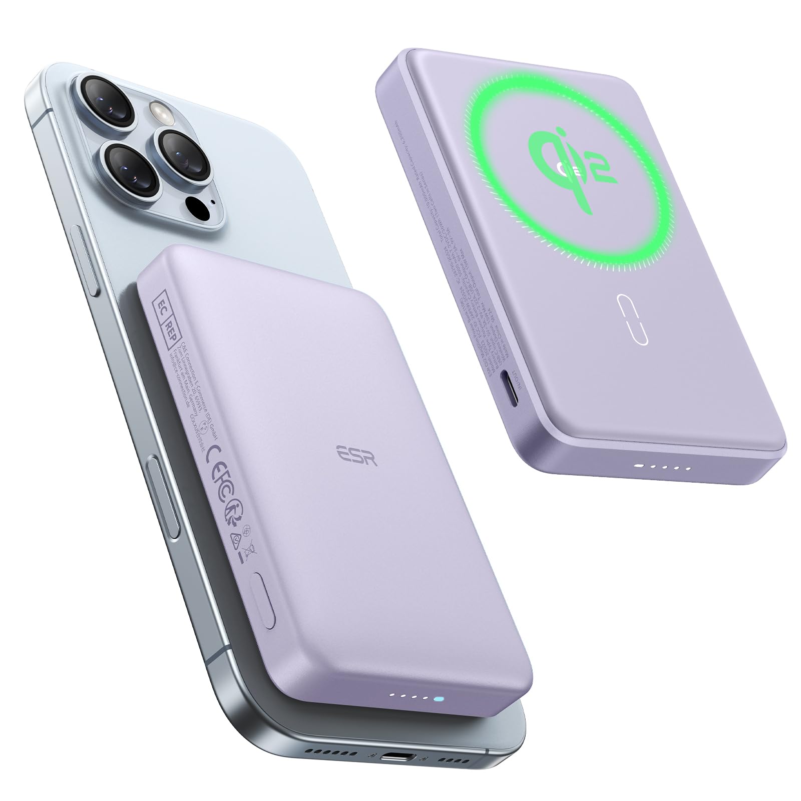 ESR for MagSafe Power Bank, Ultra-Compact 10,000mAh MagSafe Portable Charger, Qi2 Certified 15W Ultra-Fast Battery Pack, 27W USB-C MagSlim Charger with Cable for iPhone 17/16/15/14/13/12, Lavender