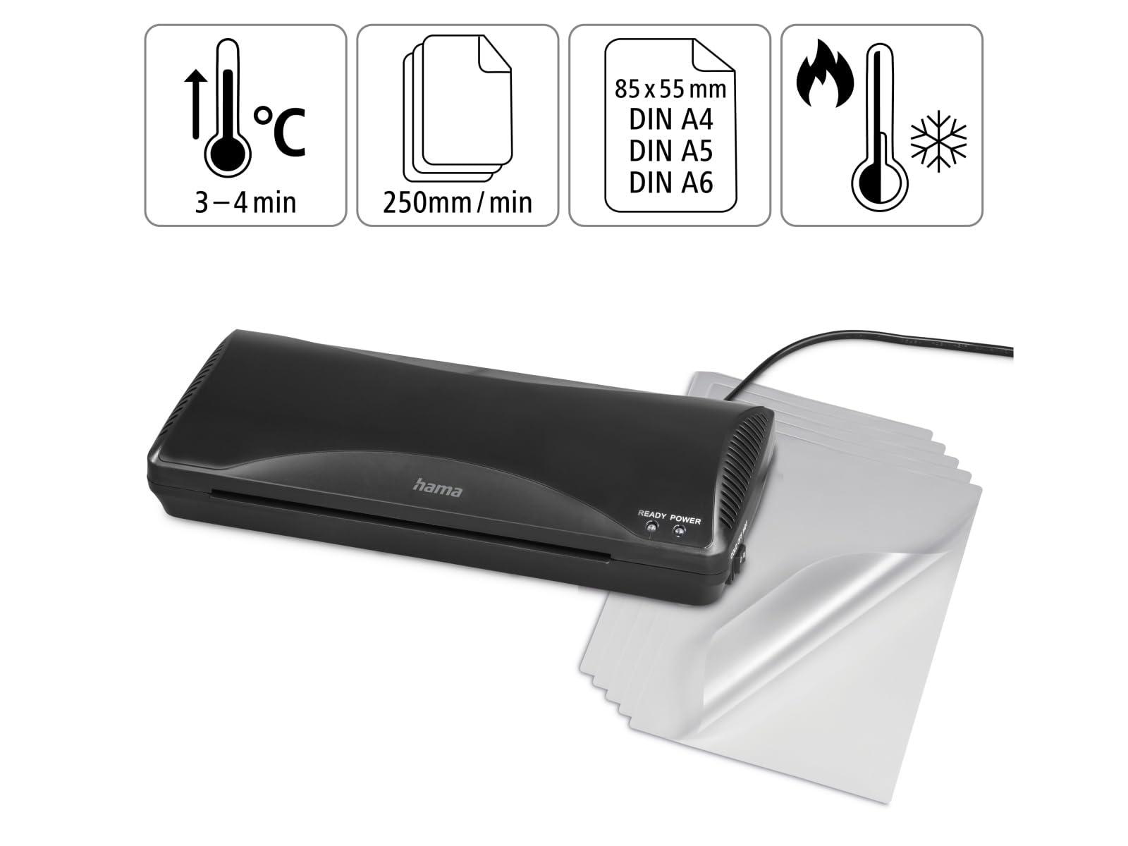Hama I Plastificadora Home & Office DINA 4 (laminadora caliente y fría con 2 rodillos, 250 mm/Min) Negro