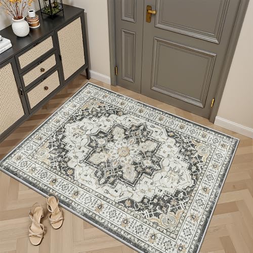 Madane Washable Entry Rug 3x4, Area Rugs for Entryway Kitchen Bathroom Door Mat Indoor Entrance, Vintage Floral Print Office Runner with Non Slip Rubber Backing, Black