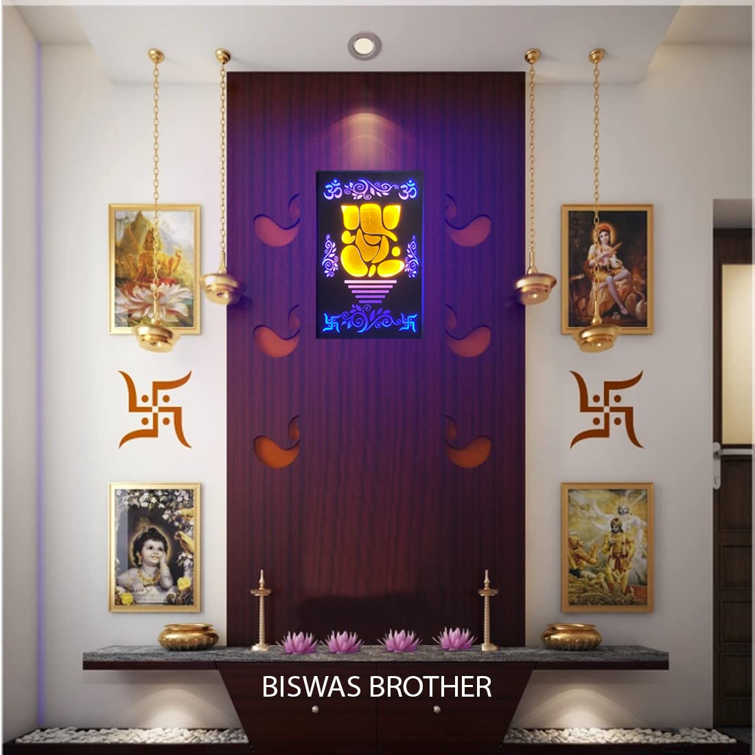Biswas Brother Ganesha Modern Art Wall Hanging LED Light Wall Decor,A Devotional well-designed11X16 inch (Brown & Golden Yellow) Rectangle Shape 2