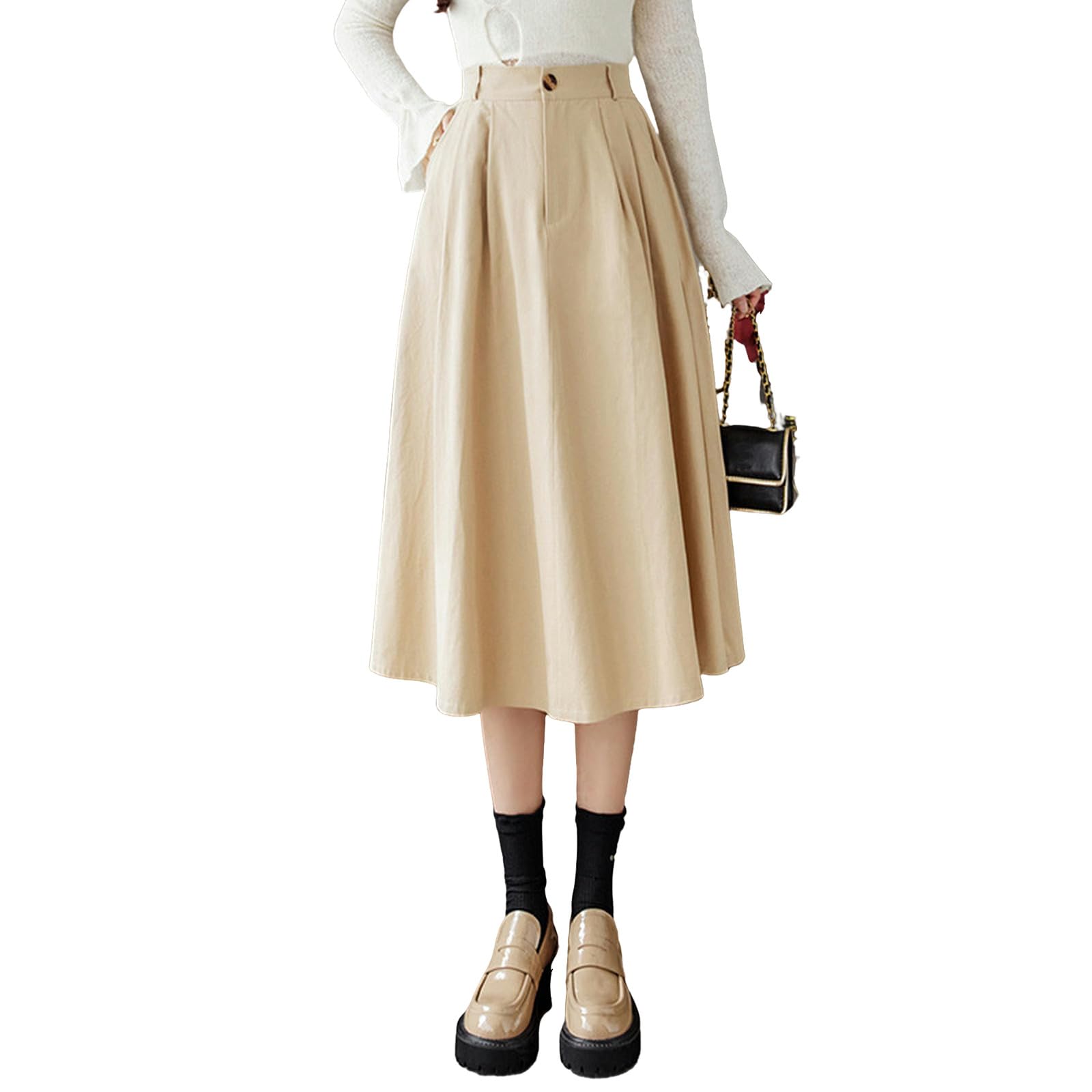 Gonna Lunga Donna Gonne A Vita Alta di Colore Swing Gonna con Tasche Hip-Covering all-Match Plus Size Gonna Plissettata Midi Gonna-Kaki-s