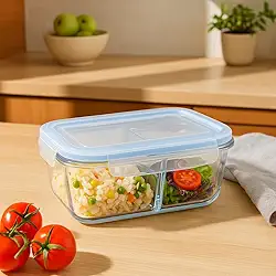 Pote de Vidro Hermético com Divisória 1520ml Tampa com Vedação Silicone Livre de BPA Retangular Transparente para Marmita Almoço Freezer Micro-ondas Lava-louças Armazenamento de Alimentos e Refeições