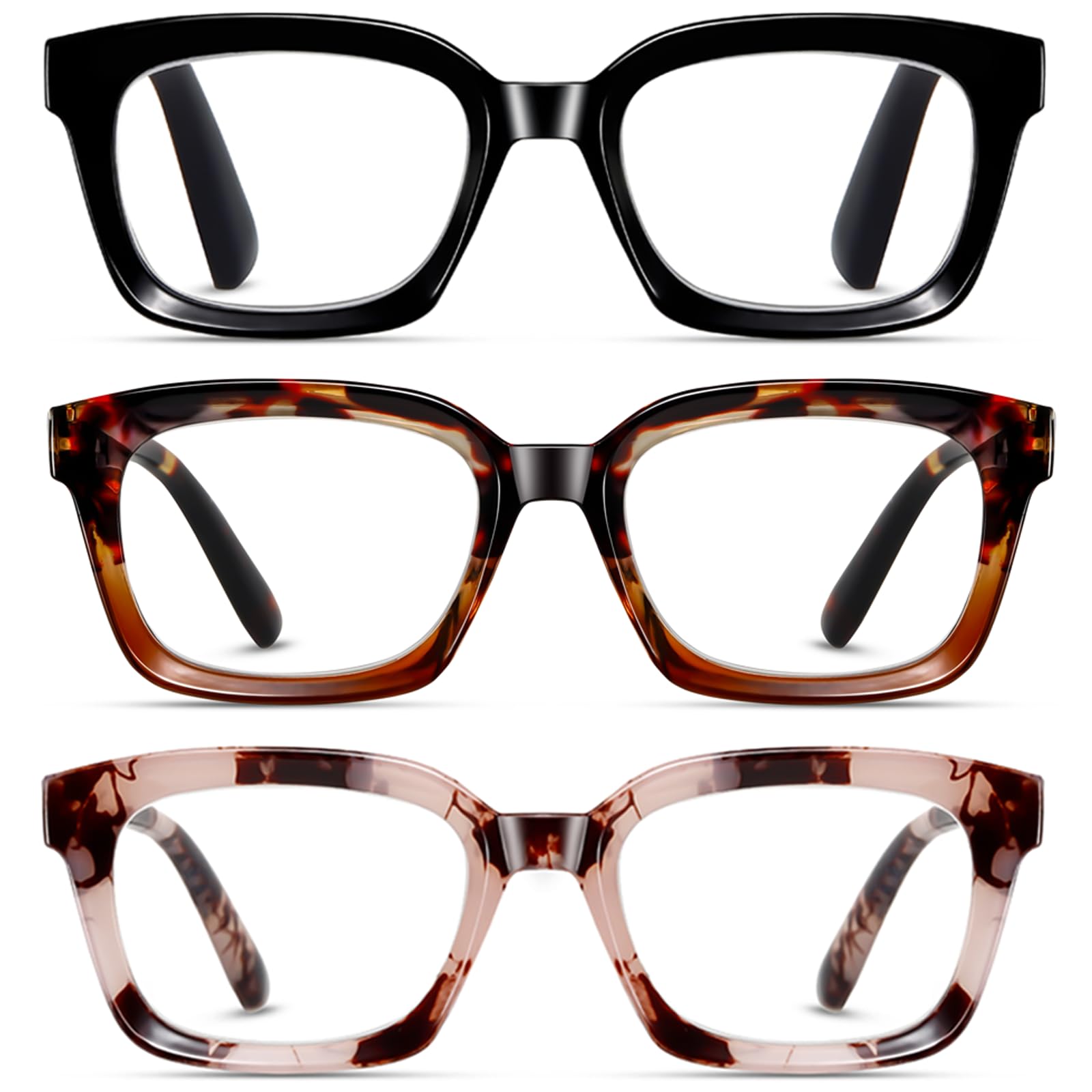 Dccdllo Reading Glasses for Women, Blue Light Blocking stylish high end Oversized Square Computer Readers Spring Hinge（Black+Brown+LightPink，+1.75）