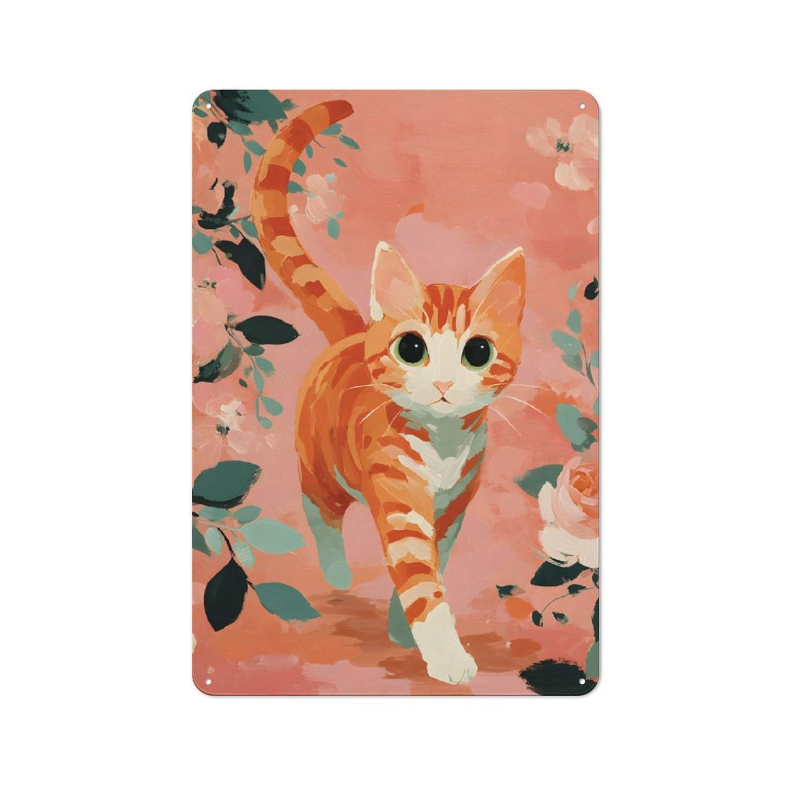 Junmoney Style-18 Metal Sign 30X20cm With Orange Tabby Cat With Floral Background For Pub Or Café, Vintage Decor, For Metal Sign Collectors, For Garage And Workshop Walls