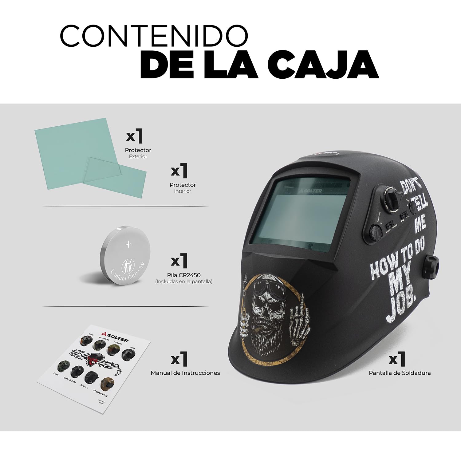Solter HELLMET R-10 JOB Pantalla de Soldadura Automática, Tecnología True Color, DIN Ajustable 5-8/9-13, Área de Visión 100x60mm, 4 Sensores, Pila Solar Reemplazable, Certificación CE 1/1/1/1