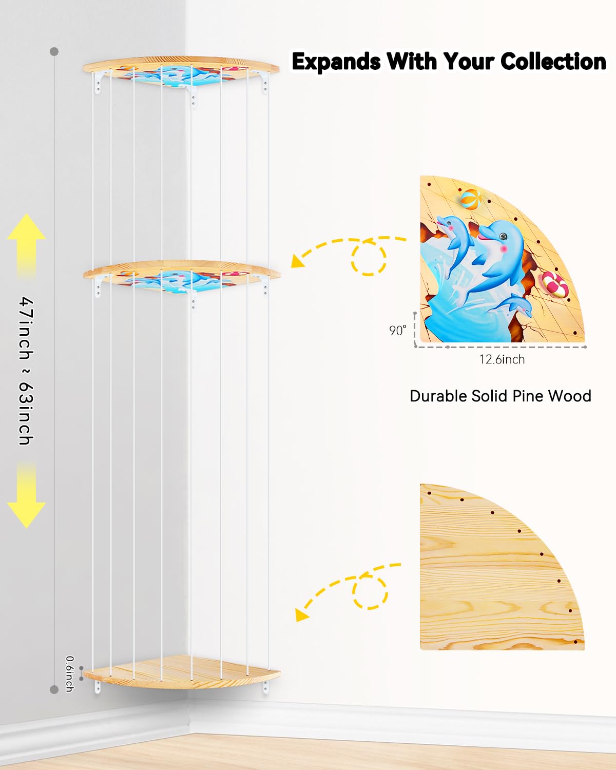 Corner Stuffed Animal Storage Net - Heigh Adjustable Wood Stuffed Animal Organizer - Large Wall Plush Holder Teddy Bear Storage for Bedroom Kids Room Nursery Decor (Natural Pine with Dolphin Pattern)