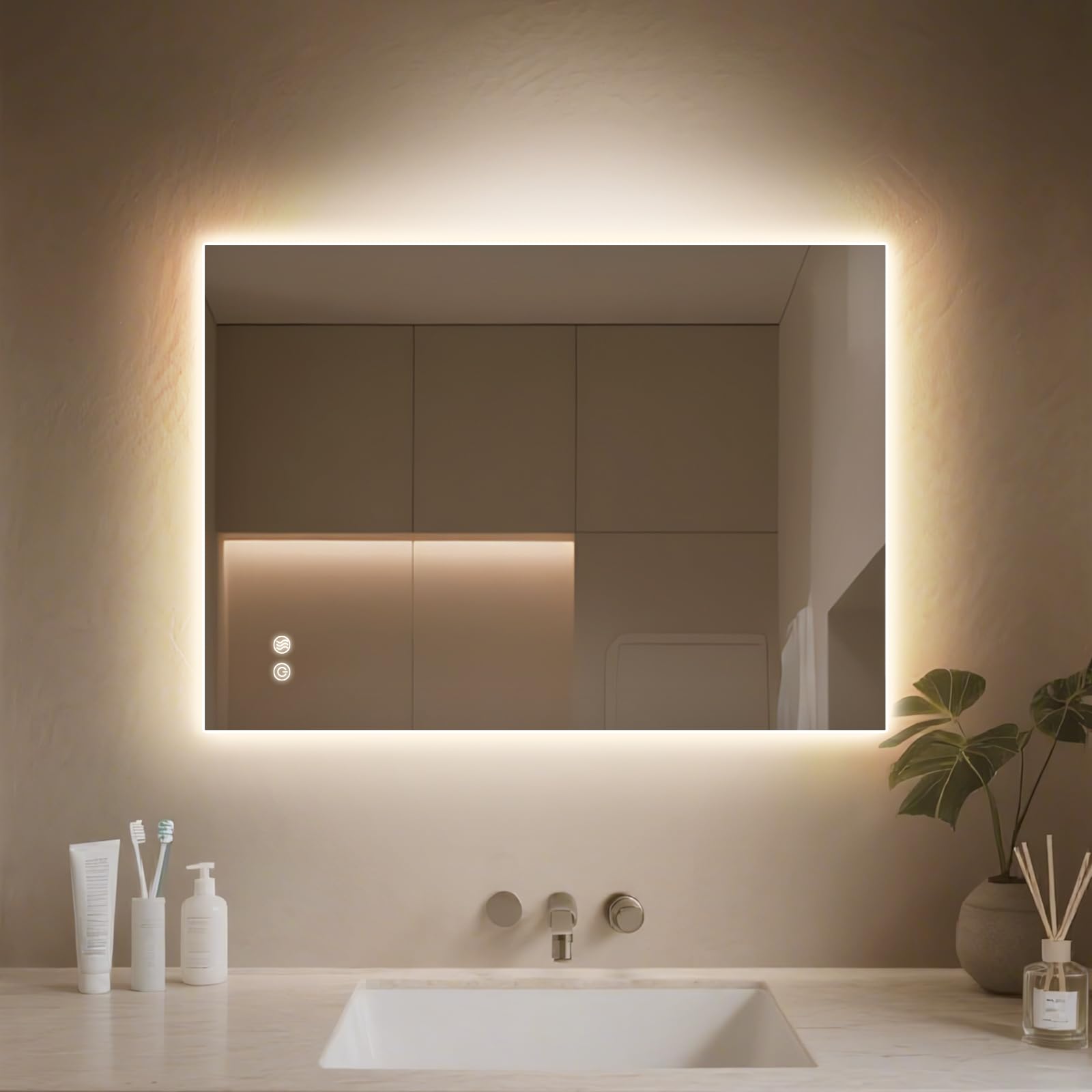 Miroir Salle de Bain avec Eclairage, Miroir LED Salle de Bain, Anti-buée, 3 Couleurs Lumière, Dimmable, Mémoire, Verre trempé HD, IP44, Horizontal/Vertical (Rectangulaire, 80 x 60 cm)
