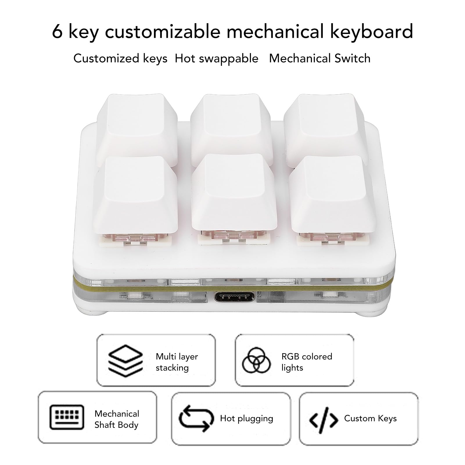 Clavier à 6 Touches, Clavier Macro Filaire USB C Programmable, Clavier Mécanique Rvb échangeable à Chaud, avec Interrupteur Rouge (White)