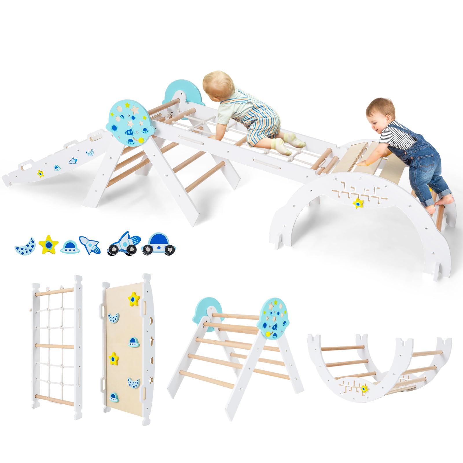 HOMASIS 4 en 1 Triángulo de Escalada Montessori, Estructura para Escalar con Arco, Rampa, Cuerda y Escalera, Área de Juegos Educativa para Niños a Partir de 3 Años. (Color Blanco)