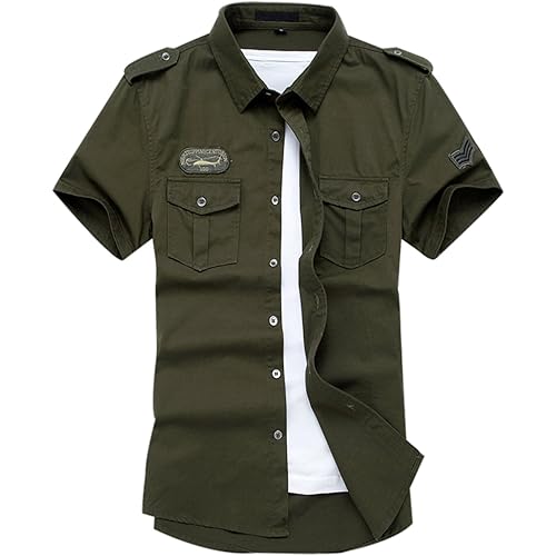 Gihuo Men Shirt Short Sleeve Military Button Down Army Tactical Shirt Utility Cargo Work Uniform Shirt Tops