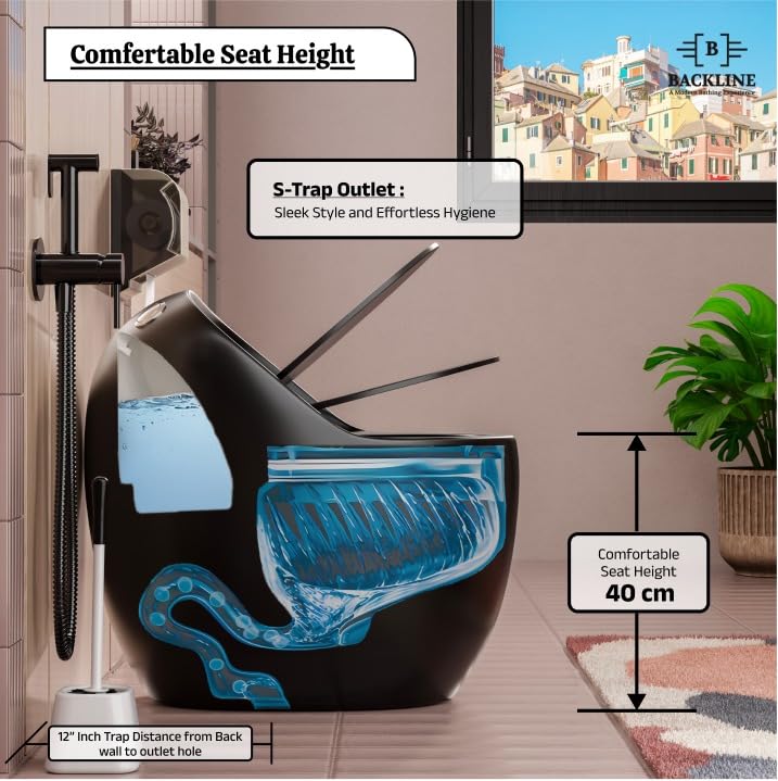 Image of B Backline Ceraimic Siphonic One Piece Western Toilet Commode With In-build 5L Tank /Water Closet /Commode With Soft Close Toilet Seat For Bathroom - S Trap Outlet Is From Floor (Black Glossy)