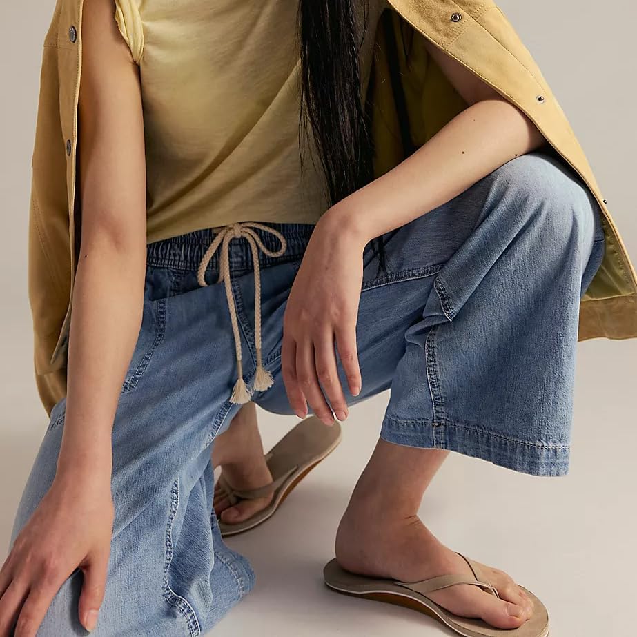 Mxiqqpltky Y2K Drawstring Jeans Women Casual Elastic Waist Stretch Baggy Cropped Denim Pants Vintage Boyfriend Wide Leg Jeans