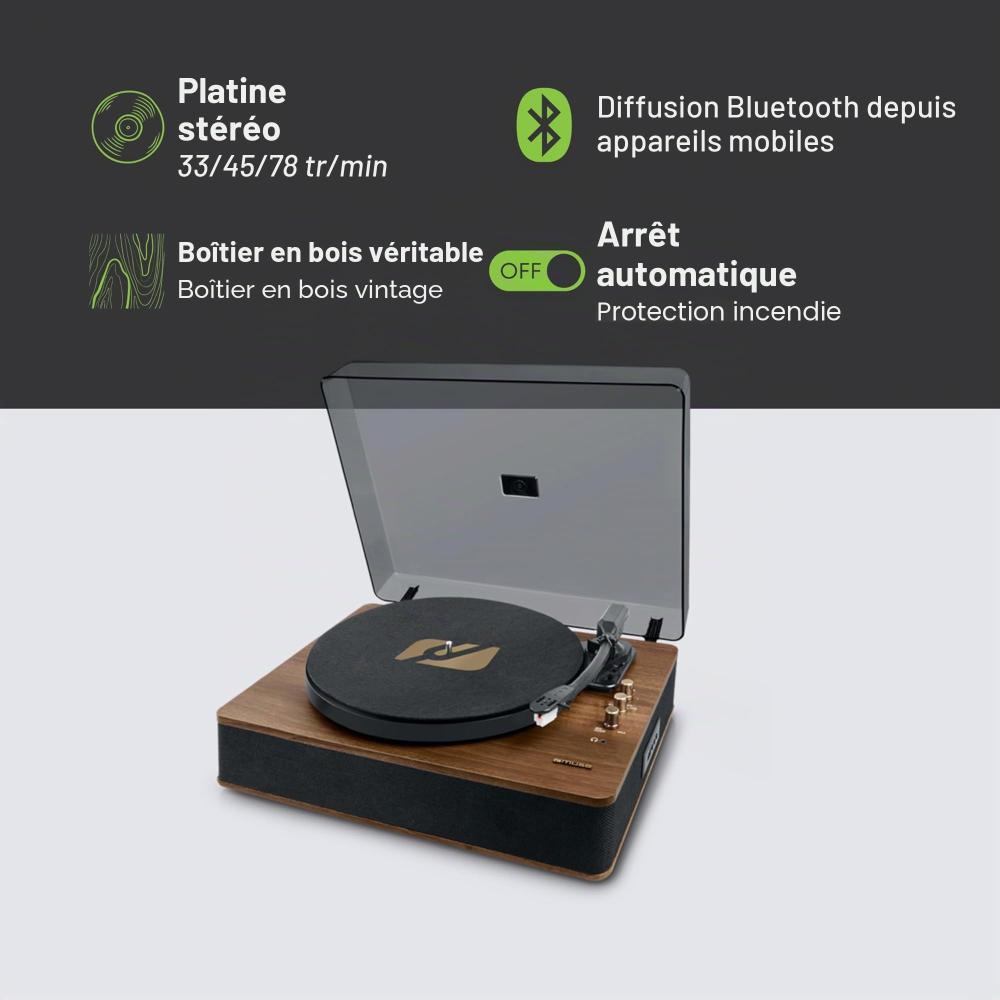 Platine Disque Stéréo 3 Vitesse 33/45/78t Avec Bluetooth - MT106BT